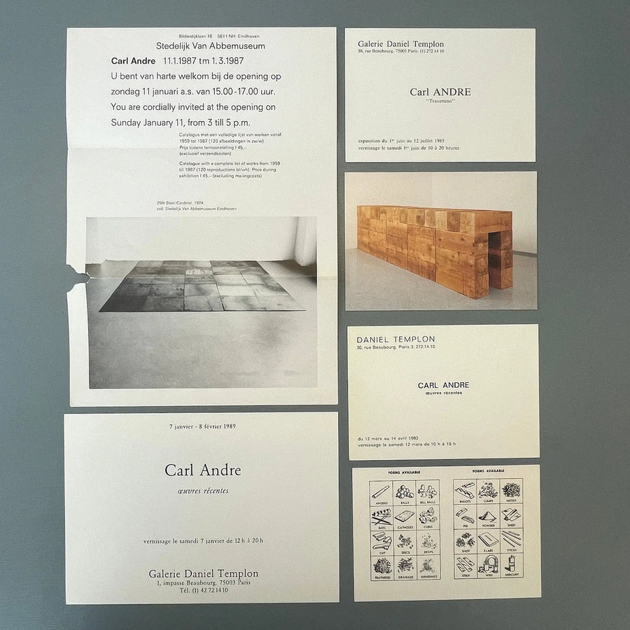 Carl Andre ephemera's - Late 80's Paris, Dusselorf & Den Haag - Saint-Martin Bookshop