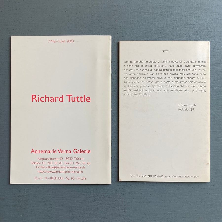 Richard Tuttle - Two booklets - Galleria Marilena Bonomo 1985 & Annemarie Verna Gallery 2003 - Saint-Martin Bookshop