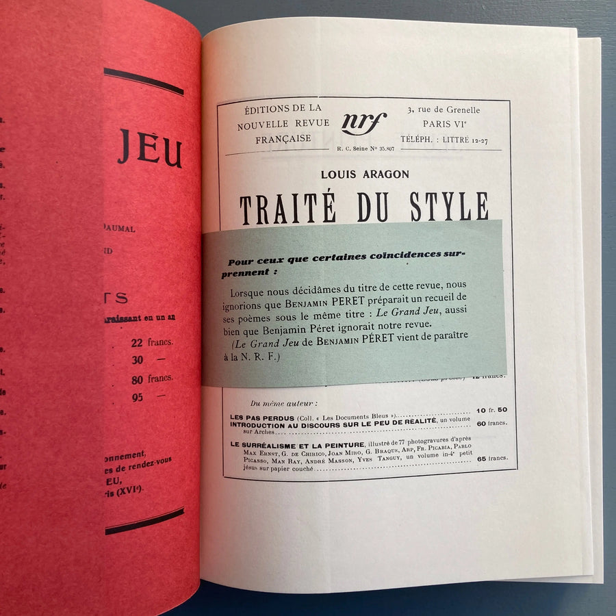 Le Grand Jeu : Collection complète - Edition Jean-Michel Place 1977 - Saint-Martin Bookshop